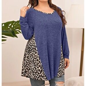 LARACE Plus Leopard Long Sleeve Flowy Shirt Loose Blue Sweater size 1X